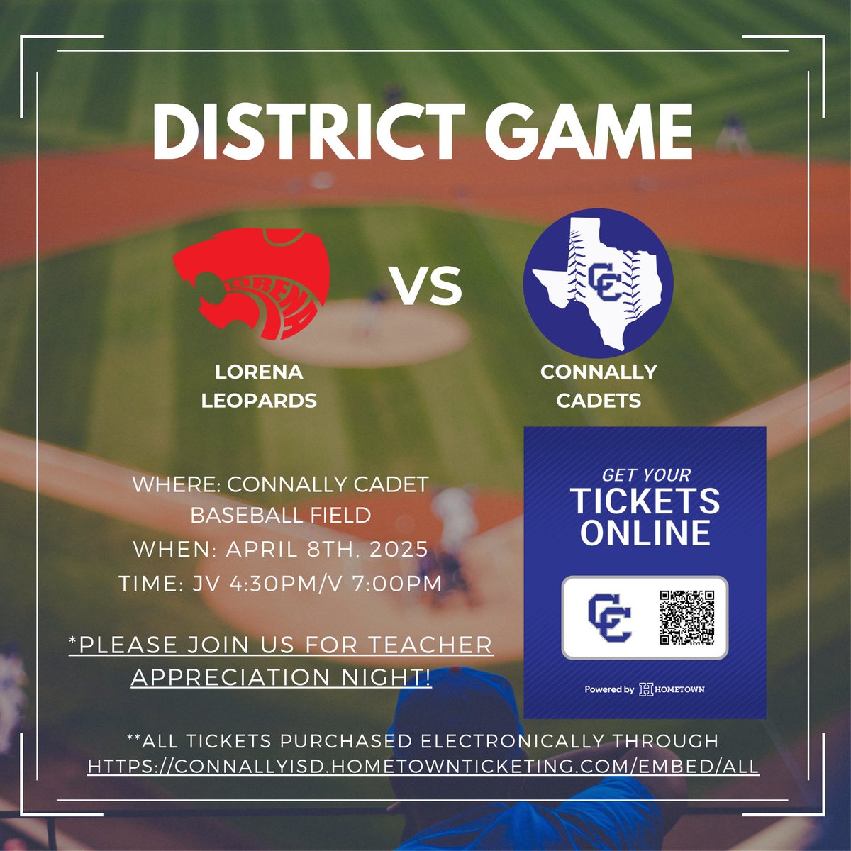 CCadetsBaseball's tweet photo. Please join us tonight for our District Match up against the Lorena Leopards! JV 4:30 and Varsity First Pitch at 7:00! Also join us before the Varsity game as we recognize our teachers for Teacher Appreciation Night at 6:40! #ACE #GOOD https://t.co/yoLZMnRYkt