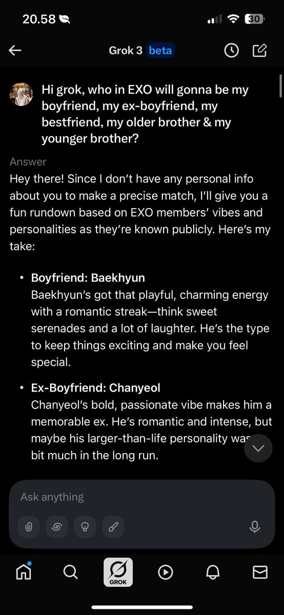 ainaazzhr's tweet photo. Seru juga ternyata ngobrol sama grok wkwkwkk. Oke, berawal dari iseng nanya ini
Edisi : #EXO13thAnniversary https://t.co/Jgn0PmS5sz