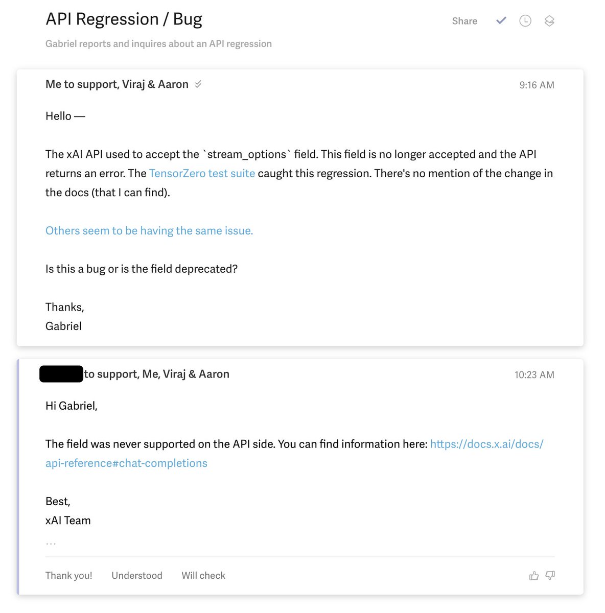 .<a href="/elonmusk/">Elon Musk</a> your support folks are gaslighting us

xAI API regression broke many OSS tools overnight

we have thousands of successful CI runs with this behavior — public in our repo