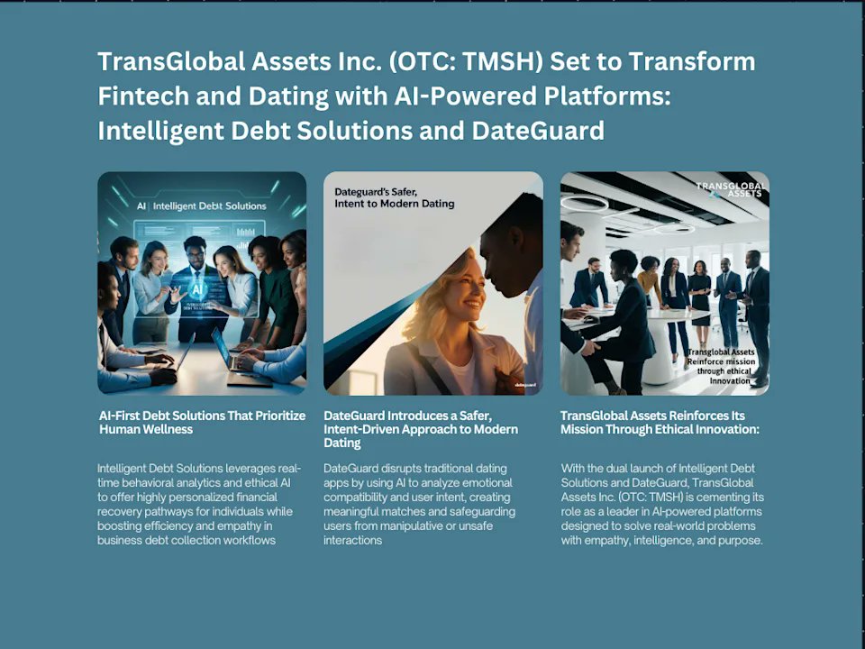 mindwellso4169's tweet photo. TransGlobal Assets Inc. (OTC: TMSH) Set to Transform Fintech and Dating with AI-Powered Platforms: Intelligent Debt Solutions and DateGuard
Read full article here: https://t.co/0wKCe5dXC8 https://t.co/wv0f05O3A5