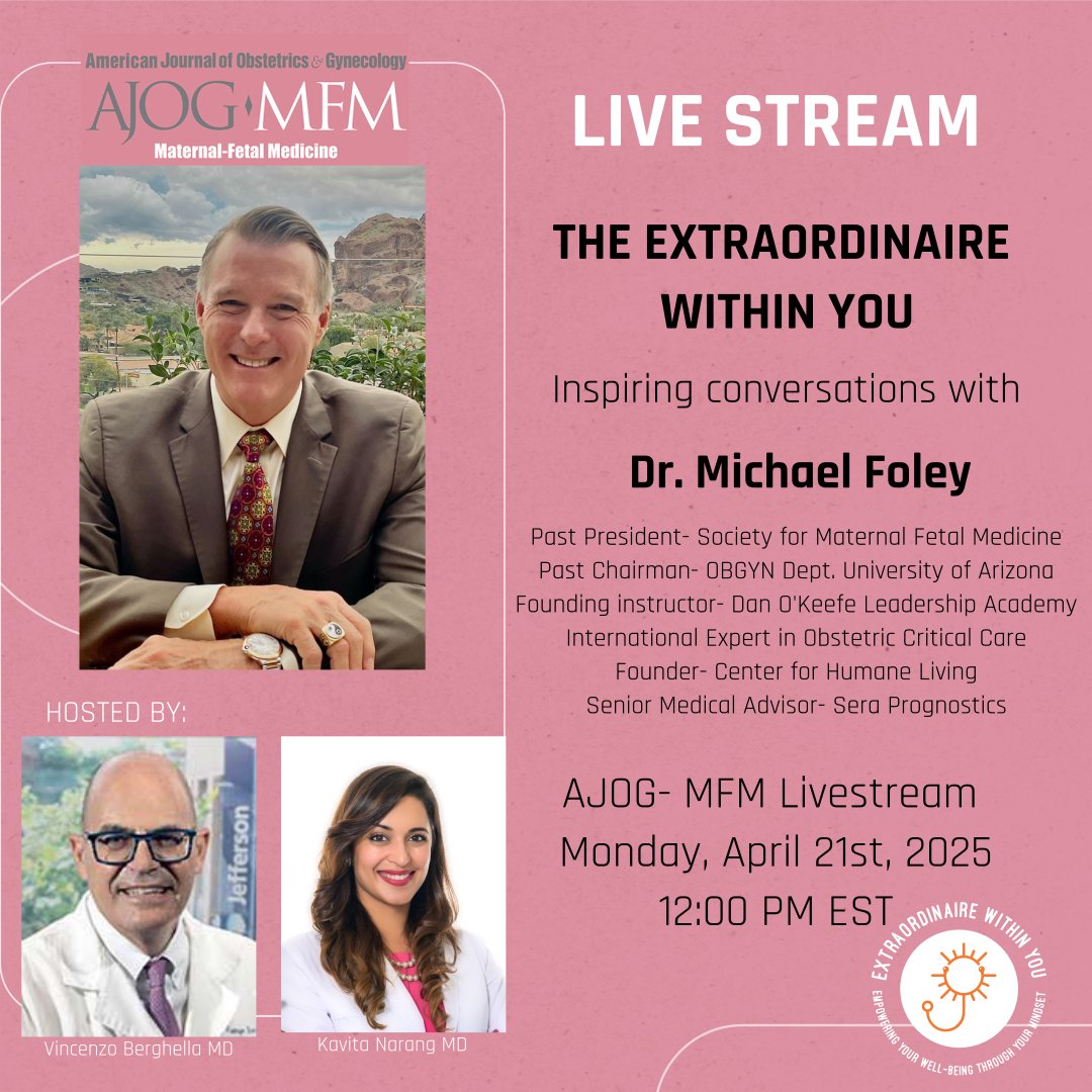 Another fantastic live stream with Dr Foley scheduled on April 21st at 12 pm EST. Don't miss it on AJOG-MFM and Dr Berghella's Twitter, Facebook and Youtube pages!
