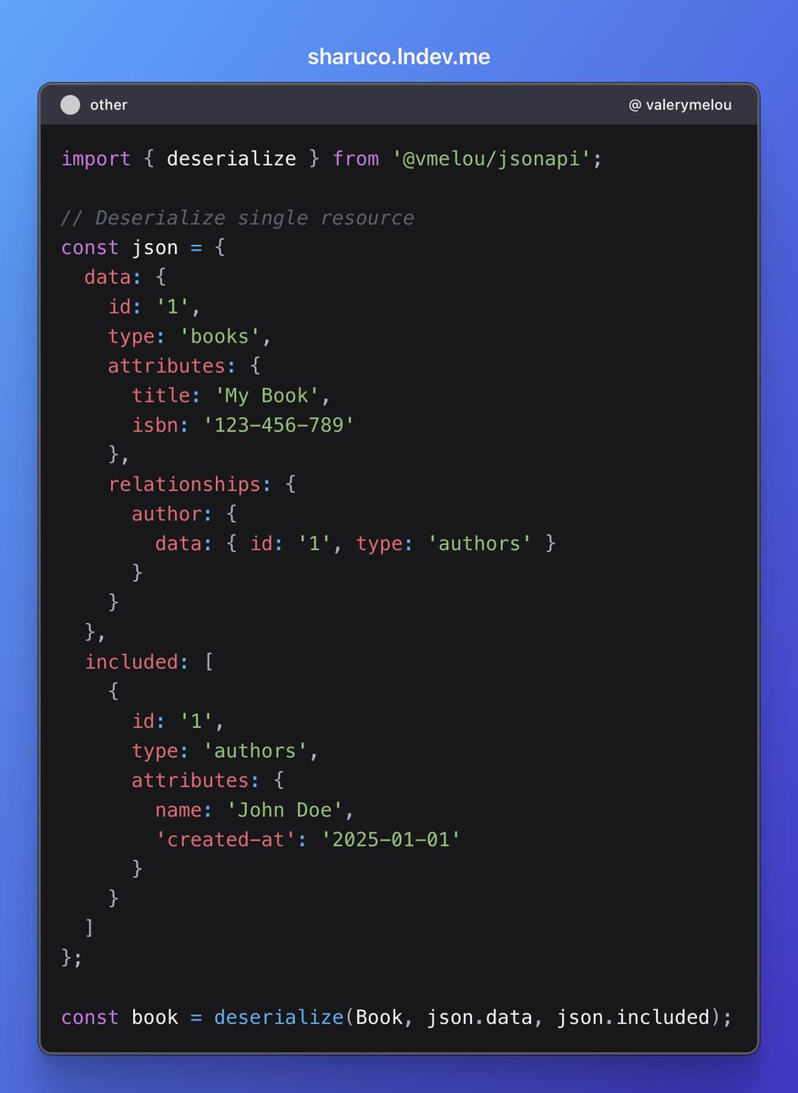 valerymelou's tweet image. Been working a lot with frontend clients consuming json:api. So I built some utilities to easily serialize/deserialize classes to/from json:api.
Used to copy the lib between workspaces, but this weekend, I made an npm package to share it 🚀