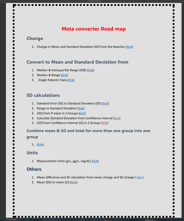 بدل ما بتدخل على meta convertor  وبتبقى تايه فين الحاجة اللي  أنت عايزها    

The Basic conversions involved in data extraction for meta-analysis 

link: drive.google.com/file/d/1CuObeq…
