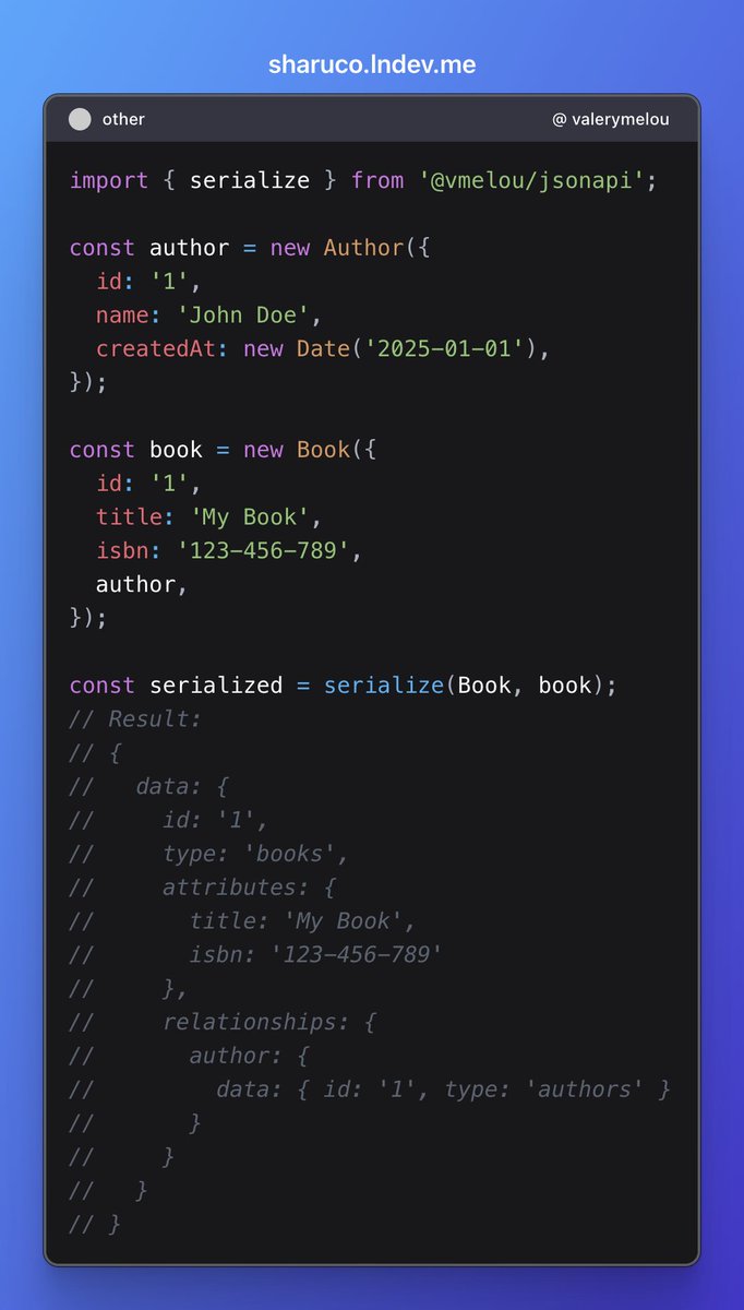 valerymelou's tweet image. Been working a lot with frontend clients consuming json:api. So I built some utilities to easily serialize/deserialize classes to/from json:api.
Used to copy the lib between workspaces, but this weekend, I made an npm package to share it 🚀