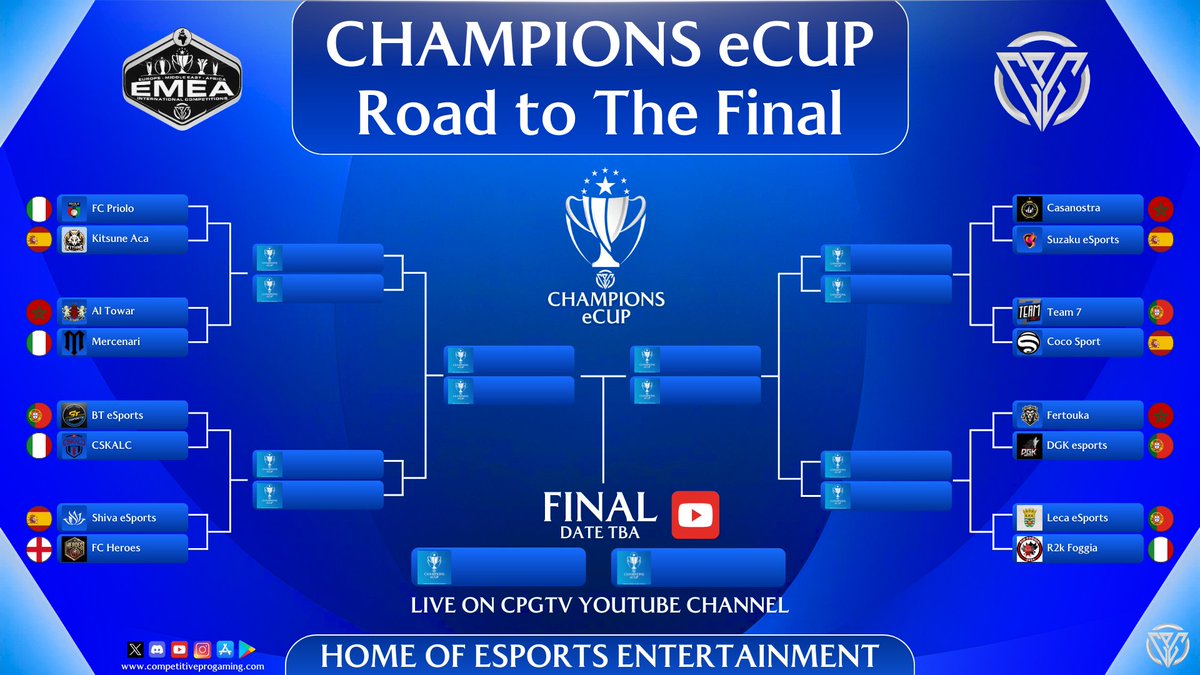 Elite Virtual Football (@official_evf) on Twitter photo 🇪🇺 Champions eCup <a href="/CPG__eSports/">Competitive Pro Gaming</a>
Octavos de Final
🇮🇹 fcpriolo 🆚 🇪🇸 <a href="/KitsuneAcadem/">Kitsune Academy</a>
🇪🇸 <a href="/ShivaeSports_/">𝐒𝐡𝐢𝐯𝐚 𝐞𝐒𝐩𝐨𝐫𝐭𝐬</a> 🆚 🏴 @1FCHeroes
🇲🇦casanostra 🆚 🇪🇸 <a href="/SuzakuEsports/">SZK Esports</a>
🇵🇹 <a href="/team7esports__/">Team7 E-Sports</a> 🆚 🇪🇸 <a href="/CocoeSports/">Team Coco🌴🥥</a>
Mucha suerte a los nuestros y por el pase a Cuartos! 🇪🇺 Champions eCup <a href="/CPG__eSports/">Competitive Pro Gaming</a>
Octavos de Final
🇮🇹 fcpriolo 🆚 🇪🇸 <a href="/KitsuneAcadem/">Kitsune Academy</a>
🇪🇸 <a href="/ShivaeSports_/">𝐒𝐡𝐢𝐯𝐚 𝐞𝐒𝐩𝐨𝐫𝐭𝐬</a> 🆚 🏴 @1FCHeroes
🇲🇦casanostra 🆚 🇪🇸 <a href="/SuzakuEsports/">SZK Esports</a>
🇵🇹 <a href="/team7esports__/">Team7 E-Sports</a> 🆚 🇪🇸 <a href="/CocoeSports/">Team Coco🌴🥥</a>
Mucha suerte a los nuestros y por el pase a Cuartos!
