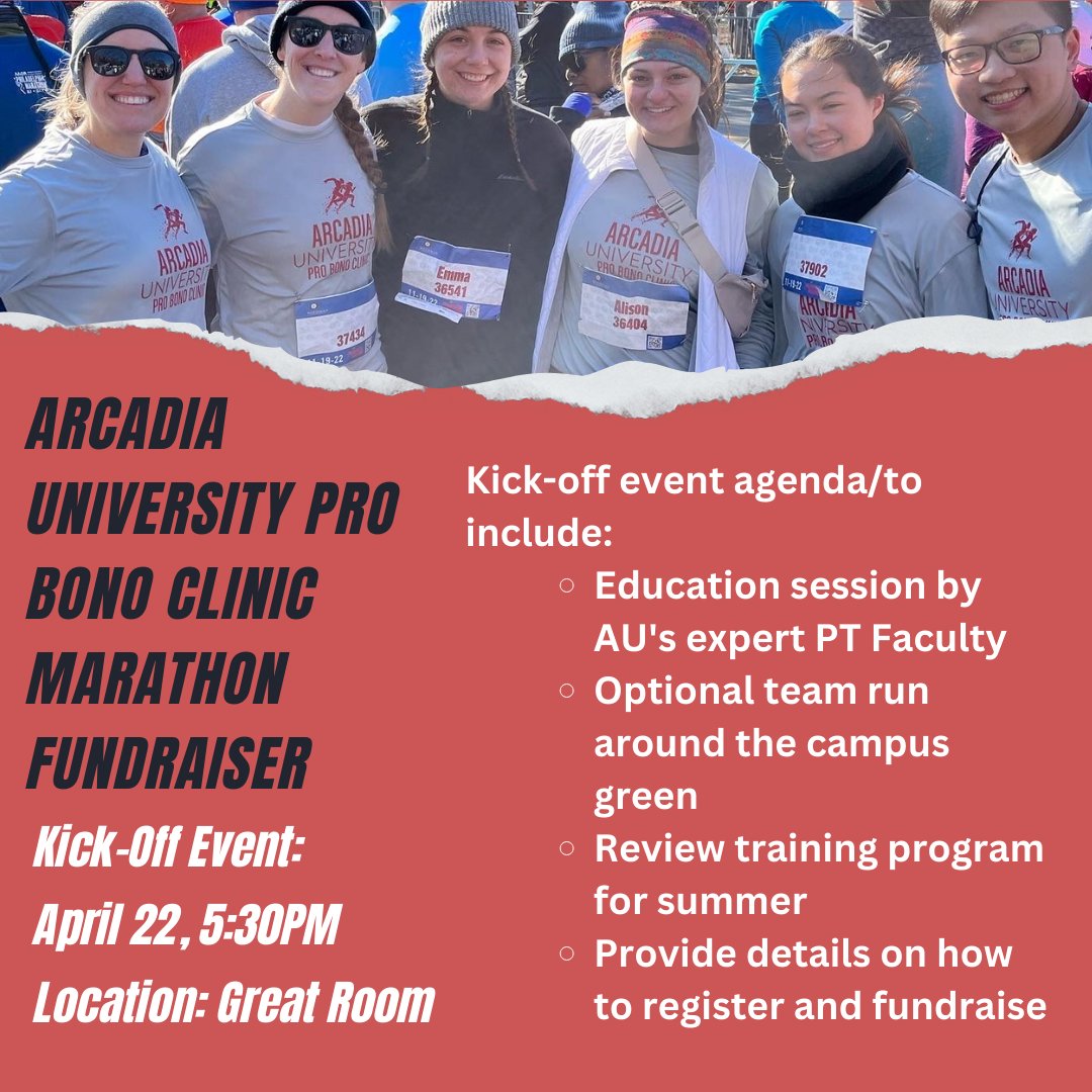 Arcadia Univ. PT (@arcadiaunivpt) on Twitter photo Join us for the official kickoff of the Arcadia University Pro Bono Clinic (AUPBC) Marathon Fundraiser. RSVP for the kickoff event here: lnkd.in/eHpzkxnw For more information, contact probonopt@arcadia.edu. Come out, get inspired, and kick off your running journey with us! Join us for the official kickoff of the Arcadia University Pro Bono Clinic (AUPBC) Marathon Fundraiser. RSVP for the kickoff event here: lnkd.in/eHpzkxnw For more information, contact probonopt@arcadia.edu. Come out, get inspired, and kick off your running journey with us!