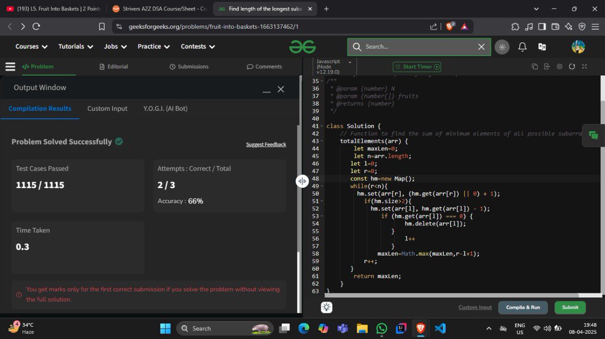 amrit_xrajput's tweet image. #Day155/365
From @striver_79’s A2Z Sheet

1️⃣ Longest Subarray With At Most 2 Distinct Integers( Brute Force &amp;amp; 
 Optimal using Sliding Window)

#DSA #SlidingWindow