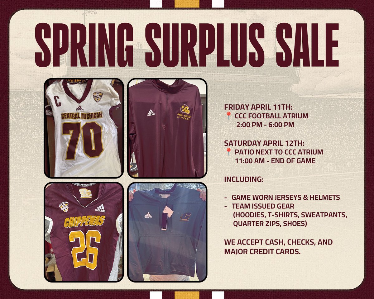 Don't miss the Central Michigan Athletics Spring Surplus Sale on Friday and Saturday at the Chippewa Champions Center!

bit.ly/44nKLIS