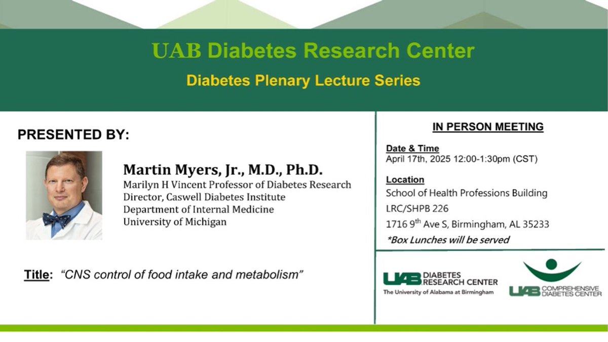 Dr. Martin Myers, Director, Caswell Diabetes Institute, University of Michigan, will present the Diabetes Plenary Series "CNS control of food intake and metabolism" on April 17.