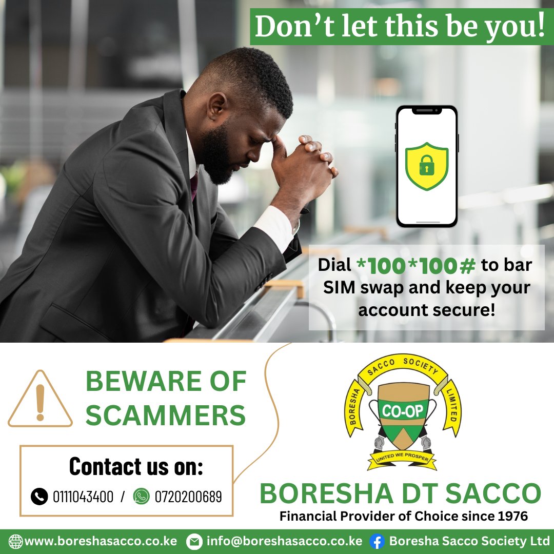 🚨 BEWARE OF FRAUDSTERS! 🚨
SIM Swap fraud is on the rise. Do not wait until it is too late.
🔒 NEVER:
Share your M-PESA PIN or One-Time Password (OTP)
Give out personal details to unknown callers

Dial *100*100# (for Safaricom users) to bar SIM swap and keep your account secure!