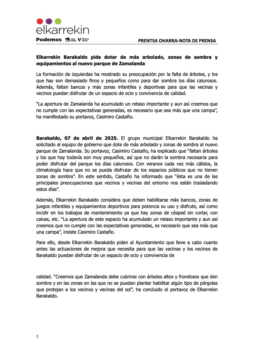 Ayer, Casimiro Castaño, portavoz de Elkarrekin Barakaldo subrayó los problemas que ha acarreado la obra del parque de Zamalanda y las carencias del parque después de su inauguración.

Seguiremos trabajando para hacer de Barakaldo el municipio que merecen sus ciudadanas. 
✊❤️💚