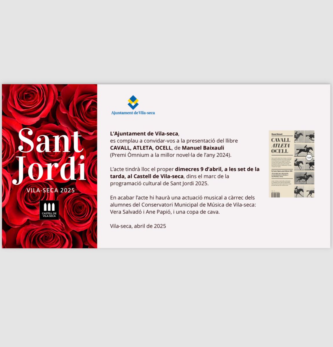 Manuela Moya (@manuelamoya2) on Twitter photo Demà, 9 d’abril, tenim un dels caps de cartell del 🌹📖Sant Jordi Vila-seca 2025.
Us esperem a les 19 h al Castell de Vila-seca!
<a href="/omnium/">Òmnium Cultural</a> #santjordi #culturavilaseca #llibres Demà, 9 d’abril, tenim un dels caps de cartell del 🌹📖Sant Jordi Vila-seca 2025.
Us esperem a les 19 h al Castell de Vila-seca!
<a href="/omnium/">Òmnium Cultural</a> #santjordi #culturavilaseca #llibres