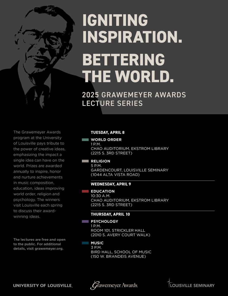 Recipients of the 2025 Grawemeyer Awards will be in Louisville to discuss their winning works this week. 

Read more about the 2025 Grawemeyer Awards Lecture Series and recipients at the link to UofL News: uofl.me/3Ec0QXD