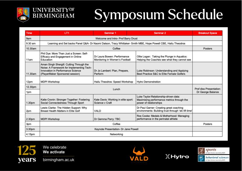 We’re thrilled to share the full schedule for the upcoming "From Lab to Field Symposium," taking place on Wednesday, 14 May 2025, at the University of Birmingham. 🧠➡️🏃‍♀️

📍 Alan Walters Building, <a href="/unibirmingham/">Uni of Birmingham</a> 
 🕘 09:00–17:00
🗓️ 14/5/25
 🎟️ [lnkd.in/ewRGdd-R]