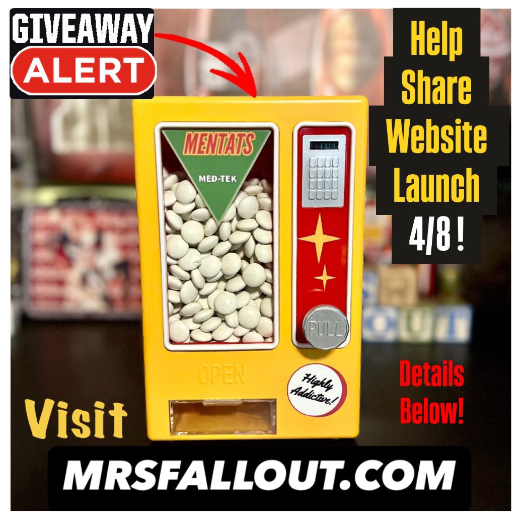 mrsfallout's tweet image. 🚨 GIVEAWAY ALERT 🚨 
MY MENTATS VENDING MACHINE!
Like, SHARE, Comment to enter
(Bonus entires on other platforms!)
Starts 4/8 Ends 4/13!
HELP ME LAUNCH MY FIRST WEBSITE!
✨Link in bio✨ 
#Fallout #MrsFallout