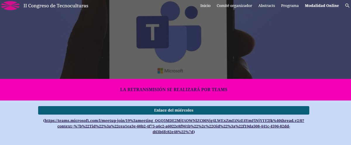 ¿Estáis preparades para el II Congreso de #Tecnoculturas? 🪐🛸👽 ¡Nosotras ya tenemos muchas ganas de recibiros! 👾👾 Este año el evento será híbrido y lo retransmitiremos por Microsoft Teams AMBOS DÍAS. Podéis encontrar los enlaces en nuestra web: sites.google.com/view/iicongres…