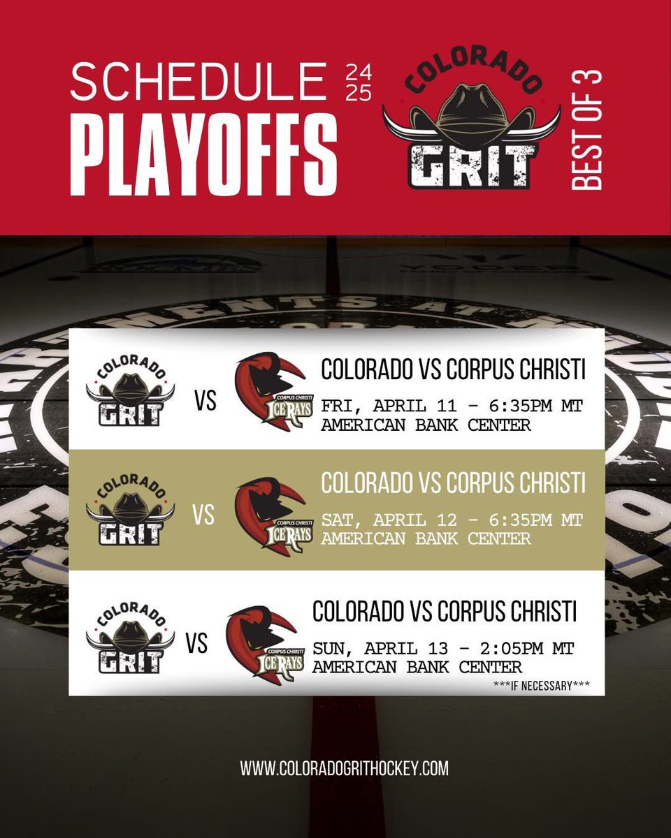 PLAYOFF SCHEDULE

Your Colorado Grit head to Corpus Christi this weekend for PLAYOFFS!!!

This is a best of THREE.  Are you headed to Texas?

#NAHL #Hockey #Colorado #Playoffs #GRIT #BestOfThree