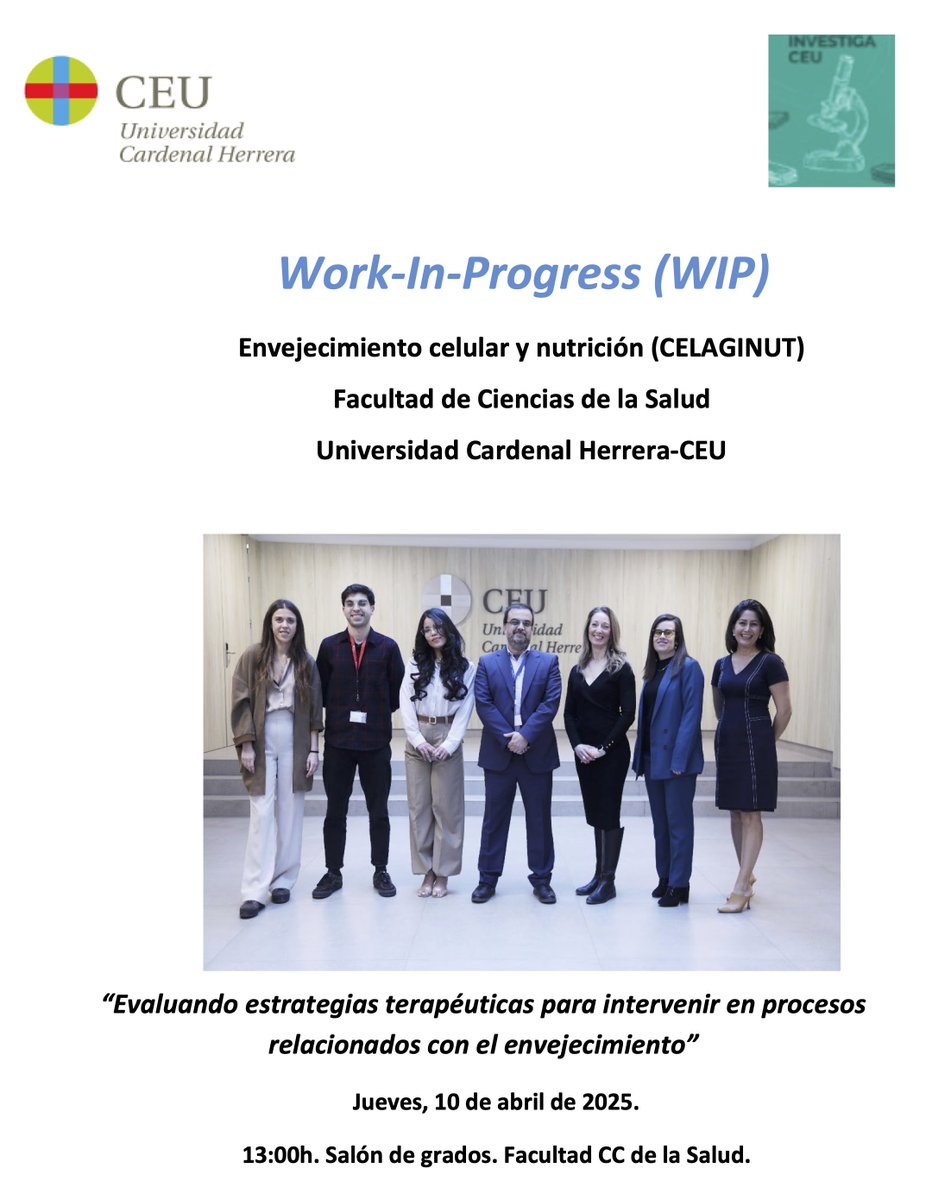 Ciencia CEU UCH (@cienciauchceu) on Twitter photo Este jueves conoceremos los más recientes resultados del Grupo de Investigación sobre Envejecimiento Celular y Nutrición <a href="/Aging_CEU/">Cellular Aging and Nutrition Laboratory</a>
Su IP es Eloy Bejarano <a href="/bejaranobioCEU/">Eloy Bejarano Fernandez</a>, investigador Ramón y Cajal en <a href="/uchceu/">Universidad CEU UCH</a>
📍Work in Progress (WIP): jueves 10, 13h Salón Grados Fac CC Salud Este jueves conoceremos los más recientes resultados del Grupo de Investigación sobre Envejecimiento Celular y Nutrición <a href="/Aging_CEU/">Cellular Aging and Nutrition Laboratory</a>
Su IP es Eloy Bejarano <a href="/bejaranobioCEU/">Eloy Bejarano Fernandez</a>, investigador Ramón y Cajal en <a href="/uchceu/">Universidad CEU UCH</a>
📍Work in Progress (WIP): jueves 10, 13h Salón Grados Fac CC Salud