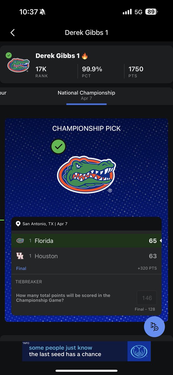 EliteBrackets's tweet photo. Congratulations to Derek Gibbs on taking home this years Elite Bracketology title!! Derek is going home with over $750 in cash. Thank you to all our loyal players and supporters. Even bigger thank you to our new players. Hope yall had fun! See you next year!!! https://t.co/SUeYoy5DDB