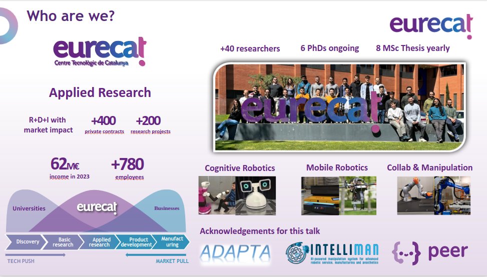 European Robotics Forum (ERF) 2025 – Workshop &amp; Talk (Stuttgart, 24–27 March 2025):
EURECAT Technology Center’s Robotics Unit took part in ERF 2025 as organizers and speakers of the workshop "Towards next generation robotics: Generative AI use cases, challenges and