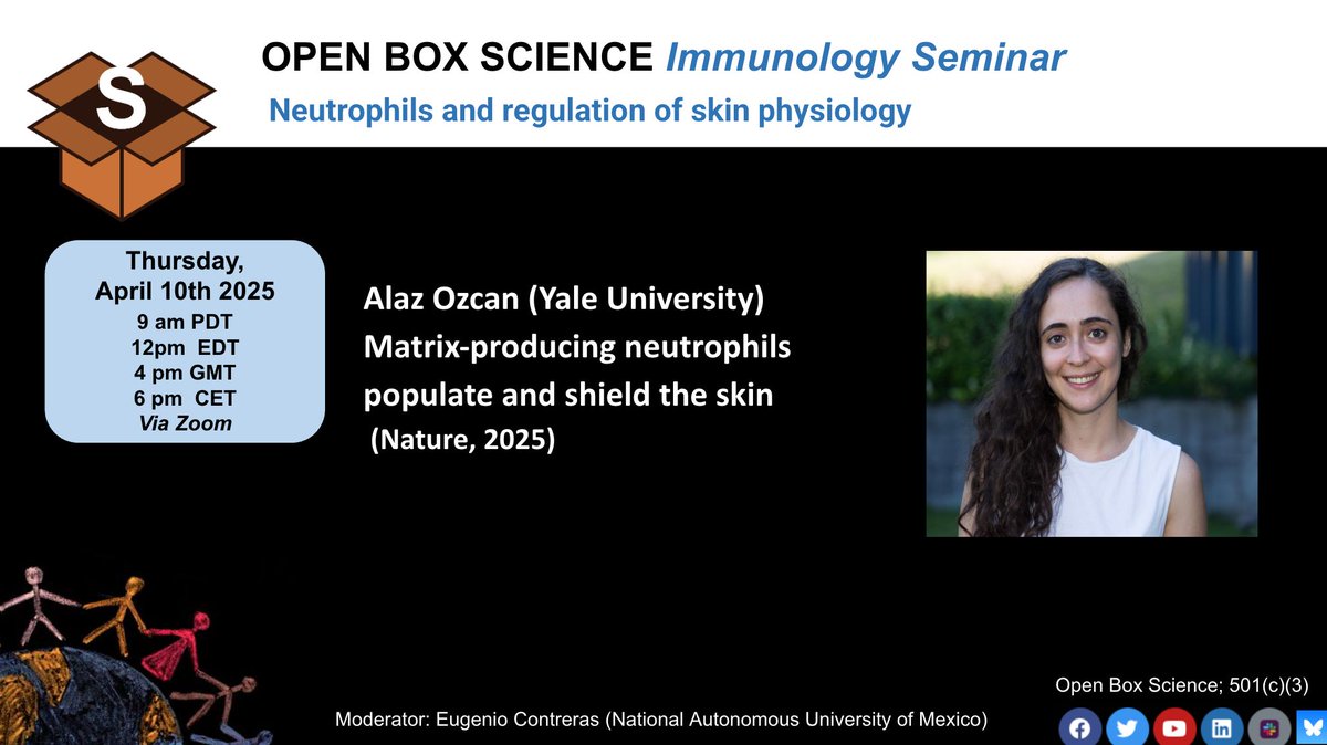 This Thursday! Join for this great seminar 

OBS #Immunology Seminar 
 Neutrophils and regulation of skin physiology 
📆 Thu, 10th April,  12 pm EDT/  6 pm CET   
🎙️ Speaker 
<a href="/alazozcan/">Alaz</a> <a href="/YaleIBIO/">Yale Department of Immunobiology</a> 
 
📣 Moderator 
@eugeccc

Registration
us02web.zoom.us/meeting/regist…