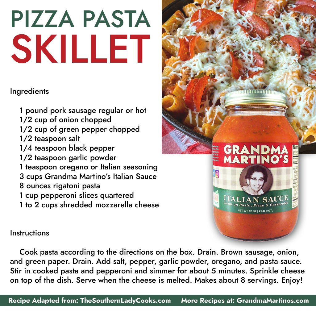 GrandmaMartinos's tweet photo. ๐+๐=๐ฅ This Pizza Pasta Skillet is the ultimate comfort food mashupโloaded with sausage, pepperoni, and 3 cups of Grandma Martinoโs Italian Sauce ๐ฎ๐น๐
Easy, cheesy, and crowd-pleasing! #MadeInAmerica #GeorgiaGrown #ItalianInspired #GrandmaMartinos #PizzaPasta #ComfortFood https://t.co/SMwNQ6UiSd