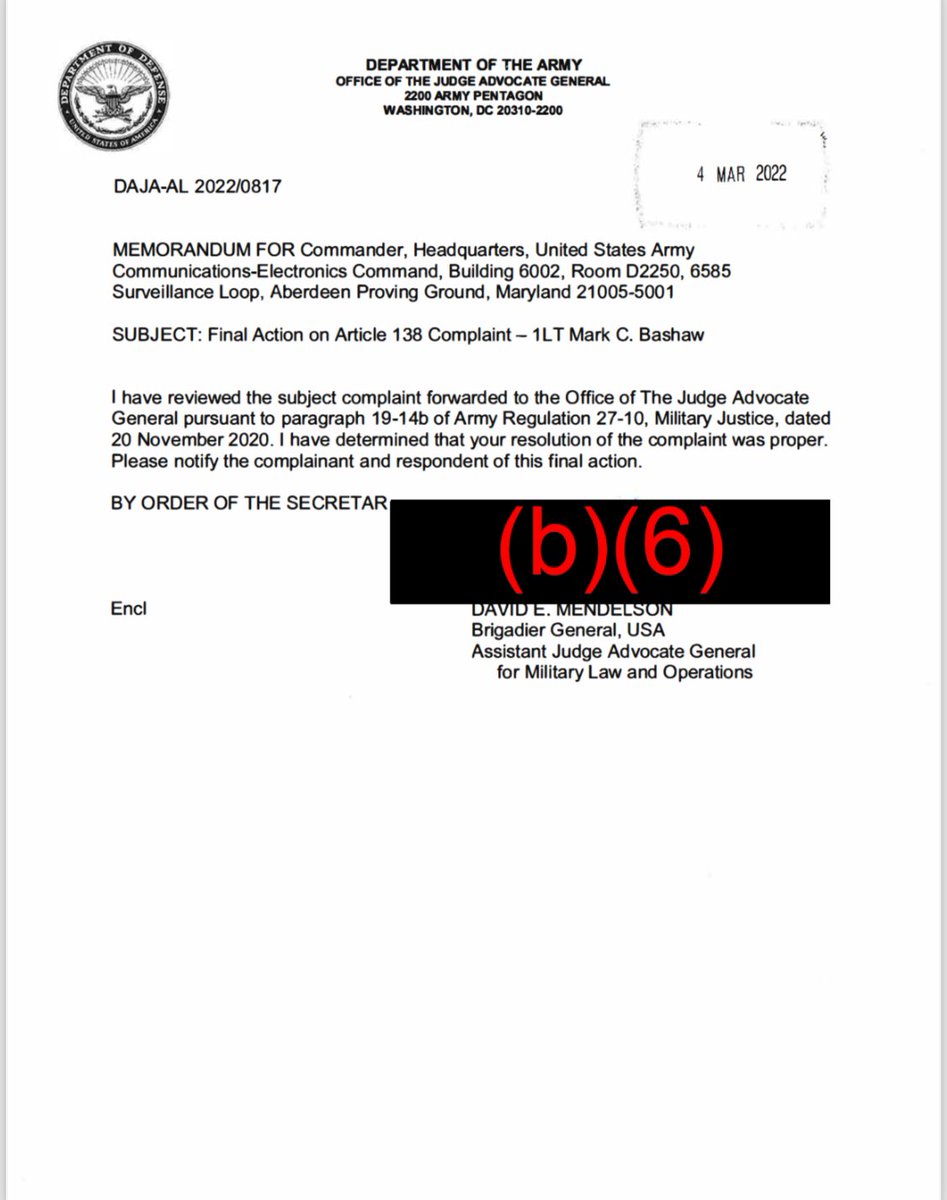 MCBashaw's tweet photo. 🚨ARMY FOIA RELEASE🚨
BG DAVID MENDELSON, a retaliatory courts-martial, threats of imprisonment, weaponized behavioral health, and many other actions were an appropriate response to my protected communications (Article 138 UCMJ)!?
#AR600_20 #ProtectedCommunication #USC10_1107a @USArmy @SecDef @SecArmy