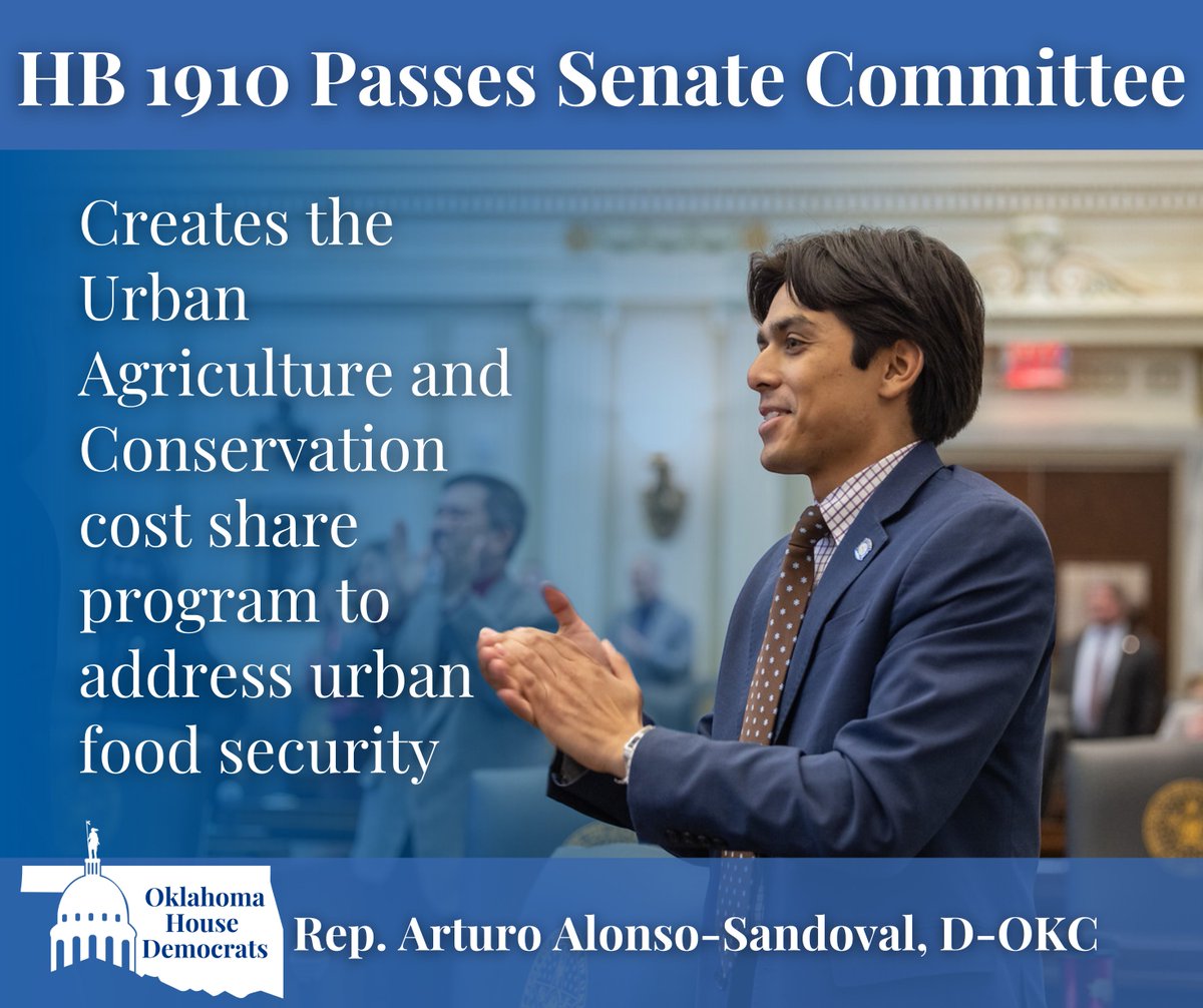 OklaHouseDems's tweet photo. Rep. Arturo Alonso-Sandoval, D-Oklahoma City, passed HB 1910 out of the Senate Agriculture and Wildlife Committee!

The bill now moves to the Senate Floor! Congrats, Rep. Alonso-Sandoval! https://t.co/Yf9Bzu4fOr