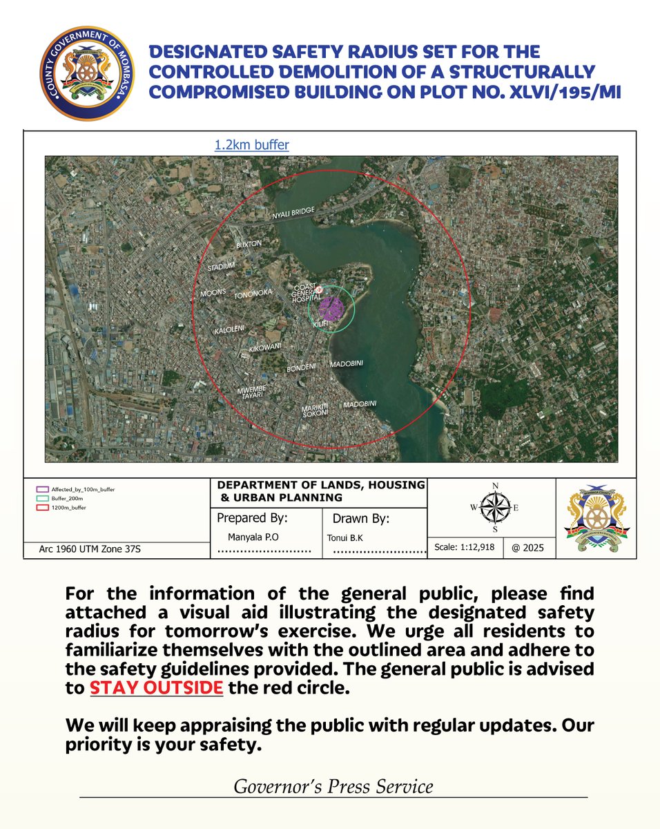 A_S_Nassir's tweet photo. In the interest of public safety and to facilitate the smooth conclusion of the ongoing exercise, the County Government of Mombasa has ordered the temporary closure of all schools within the prescribed vicinity tomorrow.

Vehicle owners residing within Mombasa Island are encouraged to park at Mama Ngina and RG Ngala Grounds to avoid damage to windscreens - FREE of charge.

We thank all residents for their continued cooperation and understanding.
