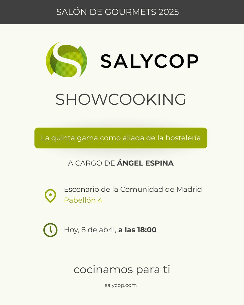 salycop's tweet photo. Ya lo tenemos todo preparado. El chef Ángel Espina os explicará por qué la quinta gama puede ser un perfecto aliado de la hostelería y la cocina tradicional.

Os esperamos en el escenario de la Comunidad de Madrid del #salóngourmets

#Ifema #Gourmets #Madrid #quintagama https://t.co/WH09yZeHvq