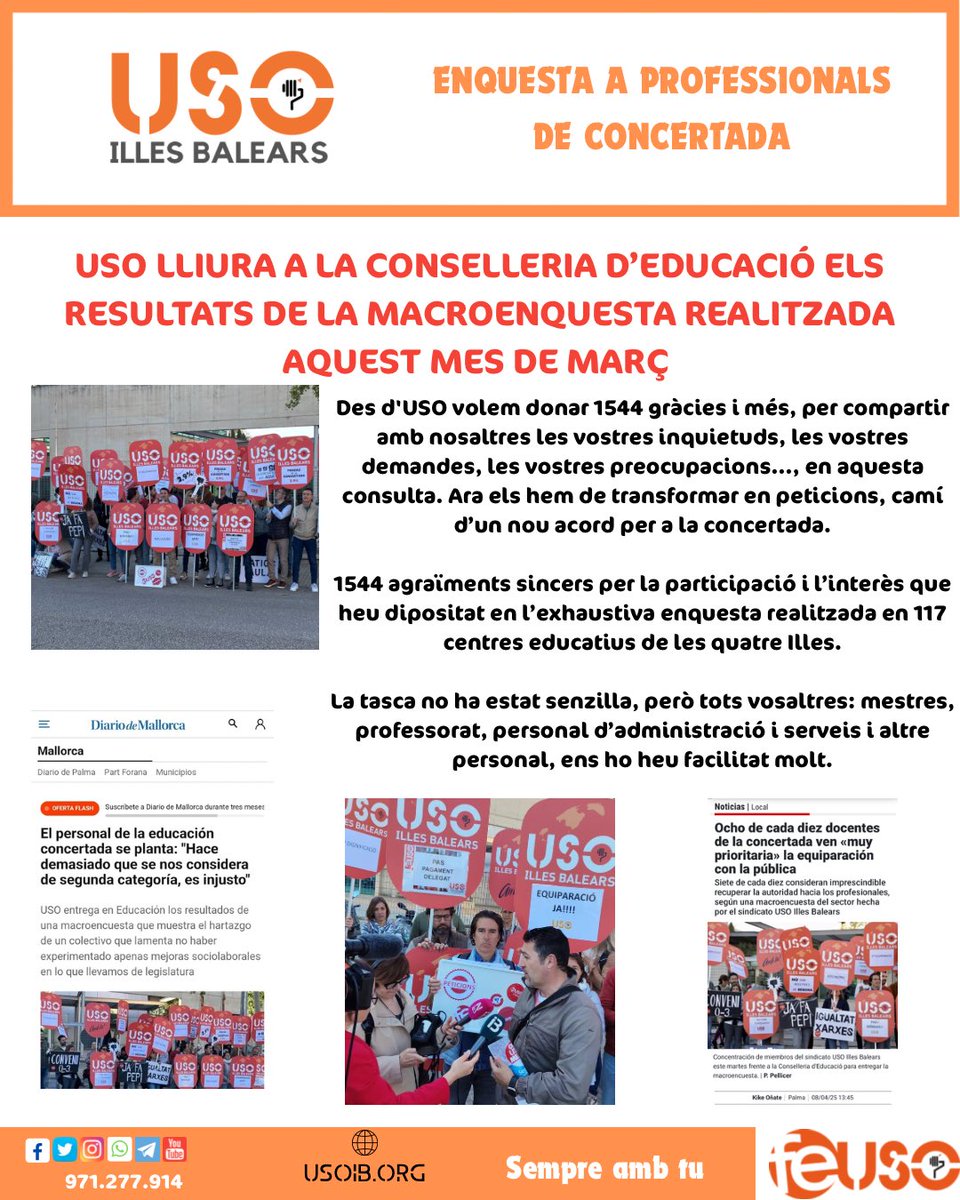 FEUSOIB's tweet photo. USO lliura a Conselleria el resultat de la macroenquesta. https://t.co/BBZTLD2CD2