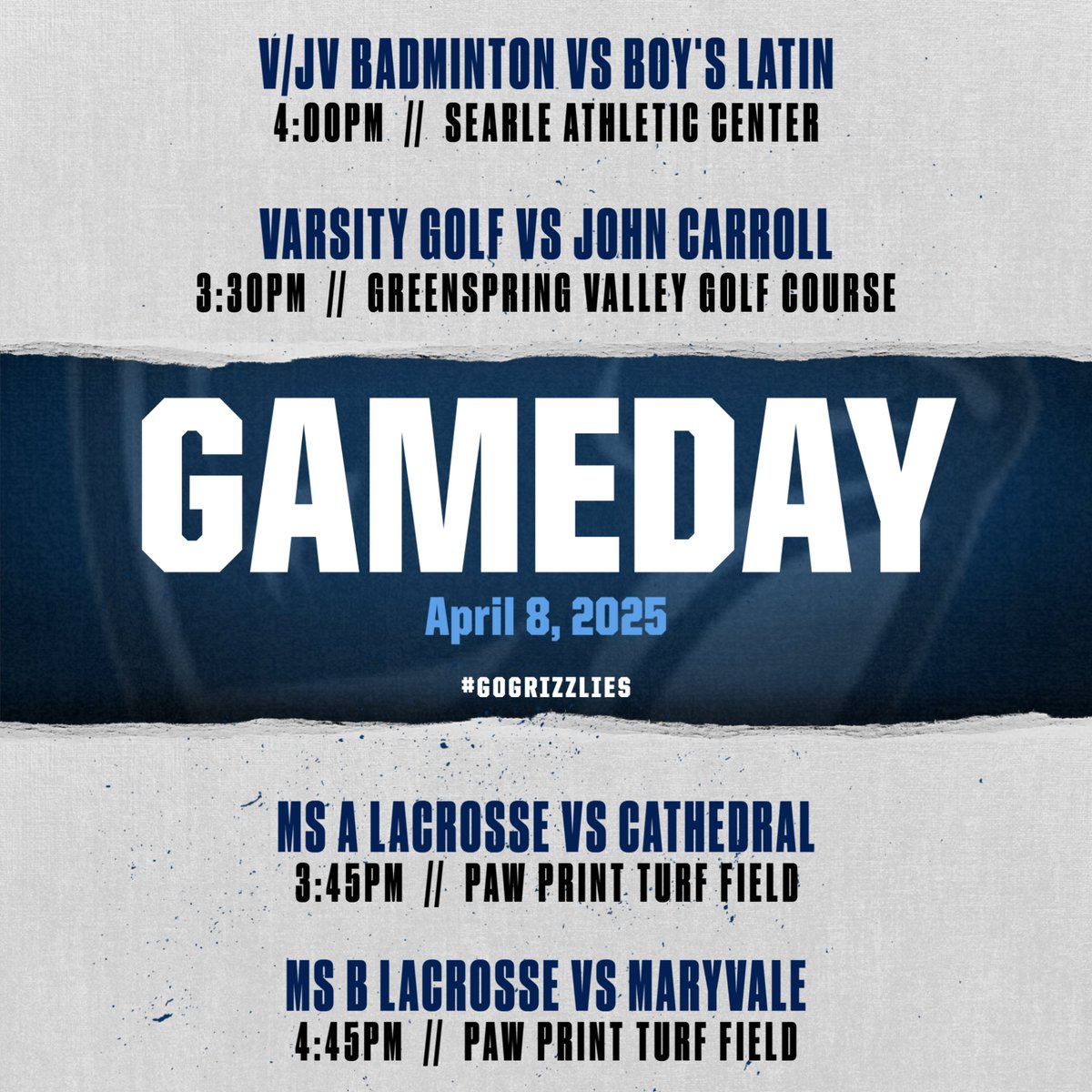Good luck to our Upper School and Middle School teams today!!!  Badminton and MS Lacrosse plays at home and Golf is competing at Greenspring Valley! Let's Go Grizzlies!!!  #GOGRIZZLIES