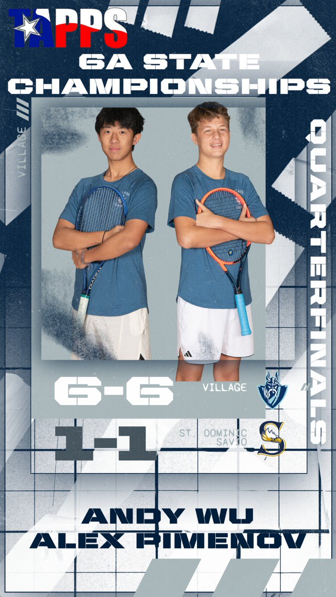Villageteams's tweet image. 🚨🎾ADVANCING🎾🚨
Congrats to our @VillageVikings Boys Doubles team of Andy Wu & Alex Pimenov on advancing (6-1, 6-1) to the semifinals of the @TAPPS_Tennis 6A State Championships! They will play this morning for a trip to the state championship!
#VillageTennis
#weareVILLAGE