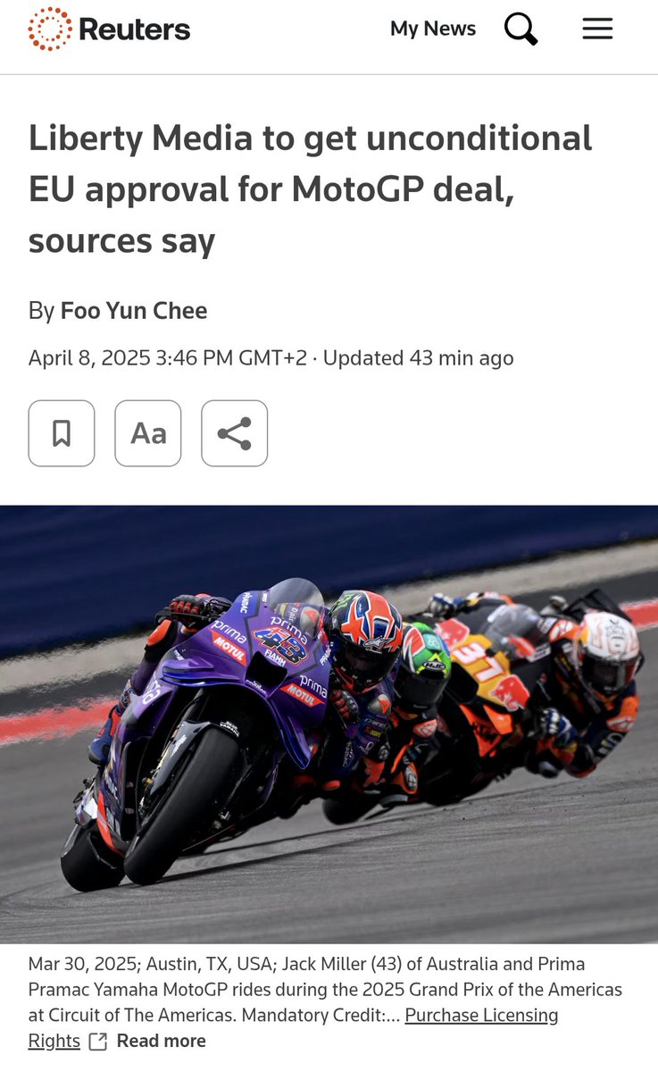 ‼️ Liberty Media obtiendrait l'approbation inconditionnelle de la Commission européenne pour l'achat du MotoGP (86 % de la Dorna), informe Reuters. 

La décision faisant suite à l'enquête de l'UE (droit de la concurrence) est attendue le 1er juillet.

➡️ reuters.com/markets/deals/…