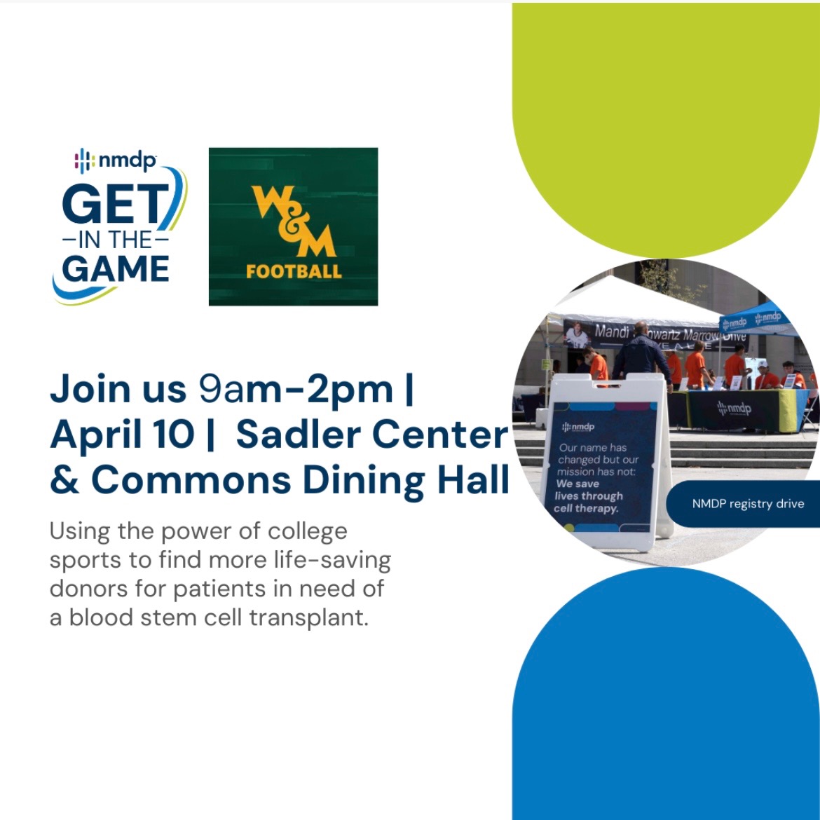 Get in the game and save a life!

🗓️ Thursday, April 10
⏰ 9 AM - 2 PM
📍 Sadler Center &amp; Commons Dining Hall
🔗 nmdp.org

 <a href="/nmdp_org/">NMDP</a>  |  #GoTribe