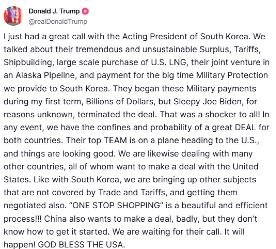 RochelleAz's tweet photo. President Trump just had a great call with the acting President of South Korea.
Their top team is on a plane headed to the U.S.

Those who come to the table won’t be left behind. https://t.co/0fPsp4uEEo
