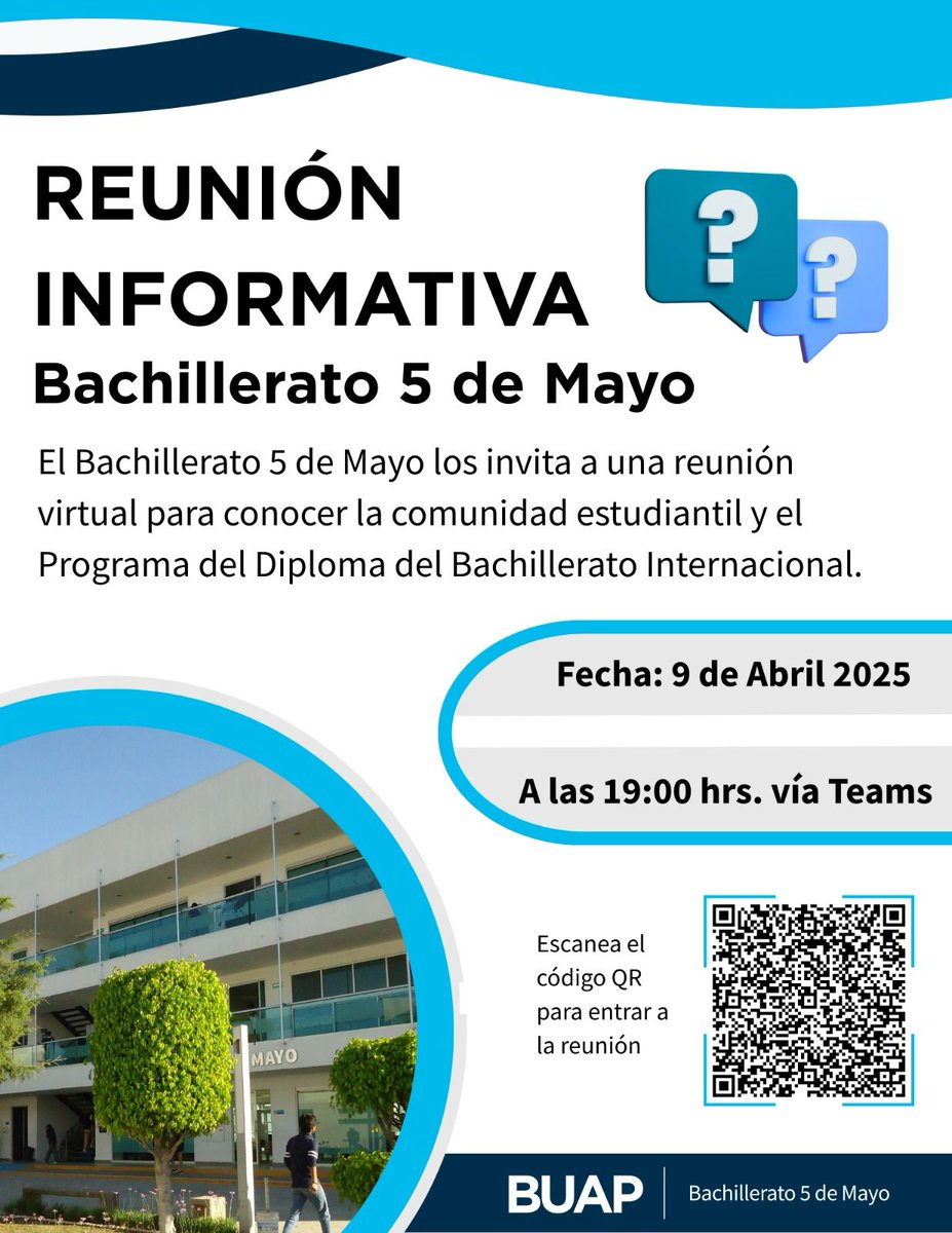 b5m_buap's tweet photo. Reunión informativa 
Estimados aspirantes, el Bachillerato 5 de Mayo los invita a una reunión virtual para conocer a la comunidad estudiantil y el Programa del Diploma del Bachillerato Internacional. https://t.co/HkUW6nm5Z5