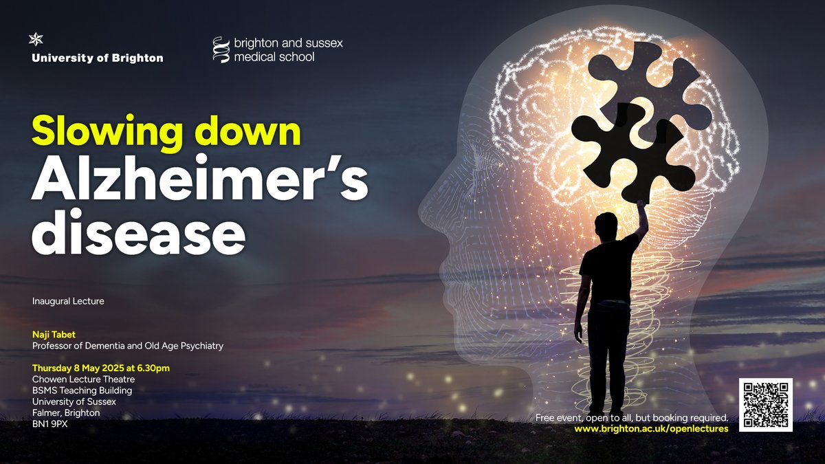 🧠 Join us for Prof Naji Tabet's inaugural lecture: "Slowing Down Alzheimer's Disease: What Really Works Now?"
📅 8 May 2025 | 🕡 6 PM
📍 Medical Teaching Building, University of Sussex
🎓 Free &amp; open to all!
👉 Register here: bsms.ac.uk/about/events/2…