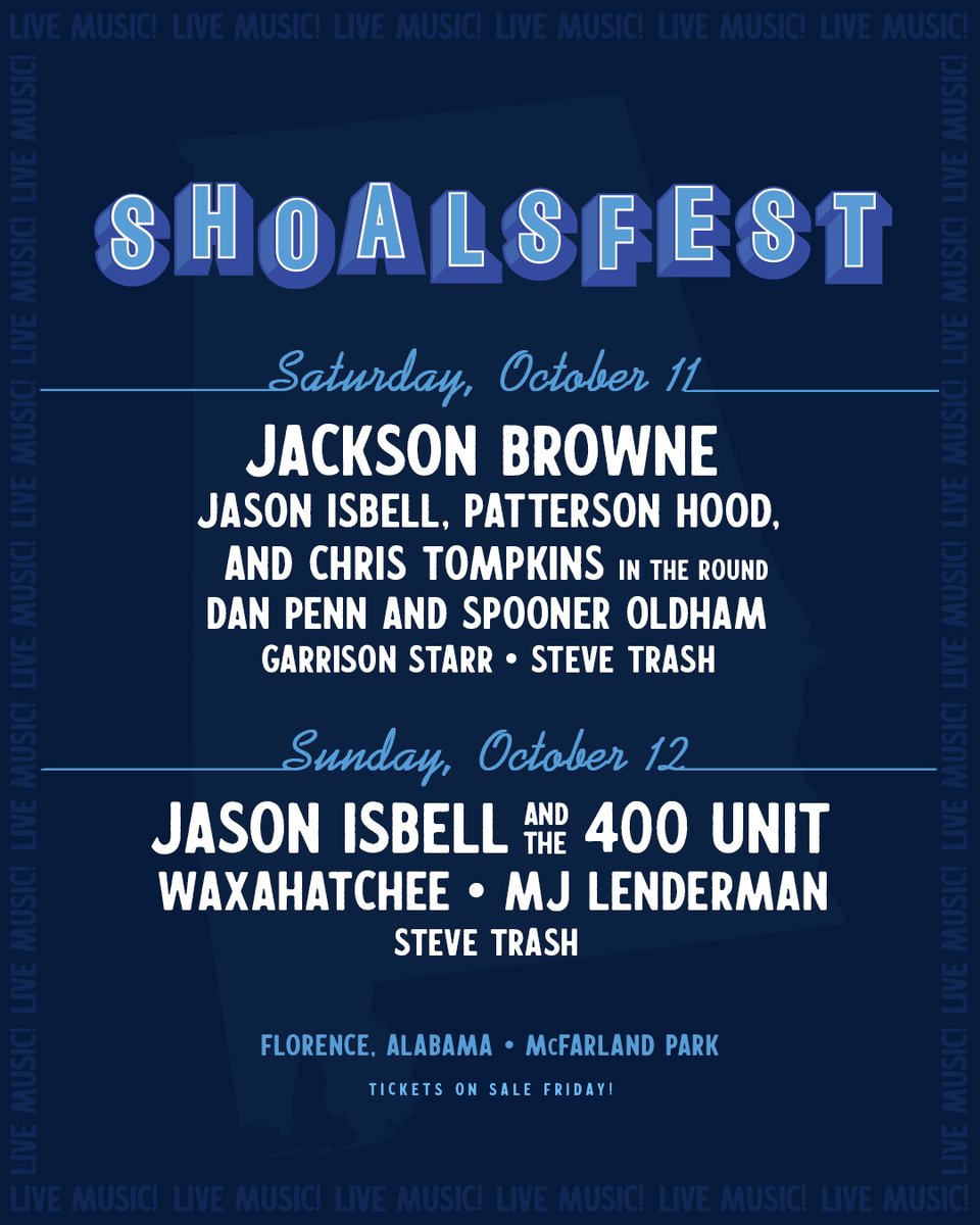 ShoalsFest will return to Florence, AL this October 11-12.

Pre-sale tickets are available this Thursday, April 10 at 10am CT using the passcode: SHOALS

Tickets go on sale to the general public this Friday, April 11 at 10am CT.

More info: shoalsfest.net