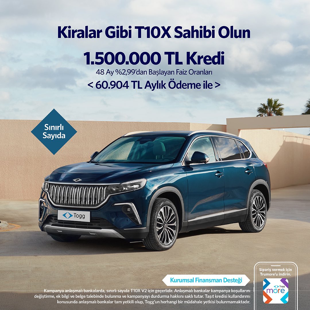 Togg T10X, 56 bini aşkın kullanıcısıyla yollarda! 

Daha fazla kullanıcımızın T10X sahibi olması için adetlerle sınırlı özel finansman desteği yeniden sizinle. 

Nisan ayı üretimi T10X modellerindeki güncel standart ve opsiyonel özellikleri incelemek için tıklayın.