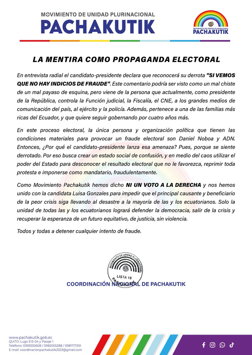 ecuainm_oficial's tweet photo. ‼️#URGENTE
“En este proceso electoral, la única persona y organización política que tienen las condiciones materiales para provocar un fraude electoral son Daniel Noboa y ADN”, señala Pachakutik frente a declaraciones de Noboa que en caso de una derrota la reconocerá “si vemos que no hay indicios de fraude”. Además, indica “solo la unidad de todas las y los ecuatorianos logrará defender la democracia, salir de la crisis y recuperar la esperanza de un futuro equitativo, de justicia, sin violencia”.