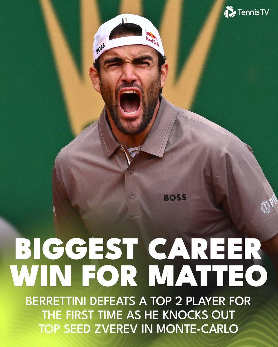 TennisTV's tweet photo. Berrettini Is BACK 🗣️🇮🇹 

The Italian takes down Zverev 2-6 6-3 7-5 in Monte-Carlo!

#RolexMonteCarloMasters https://t.co/ab6qesoAD3