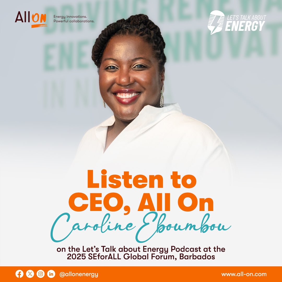 AllOnEnergy's tweet photo. At the @SEforALLorg Global Forum, @CarolineEboumb CEO of #AllOn, joined The Let’s Talk #Energy #Podcast to share insights on All On’s innovative finance strategy.
Listen here https://t.co/XY0TyKzyUs
#AllOn #EnergyInnovation #PowerfulCollaborations #LetsTalkEnergy #SEforALL https://t.co/kOa0JISuP8