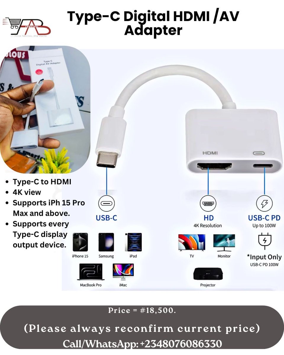 FabtronicsFAB's tweet photo. "Type-C Digital AV Adapter—the perfect solution for mirroring your mobile device onto a bigger screen. Watch as this Android phone seamlessly connects to a TV using HDMI. And yes, it’s also compatible with the iPhone 15 and above!"

Price = N18,500. https://t.co/Mdjdc2RwgP