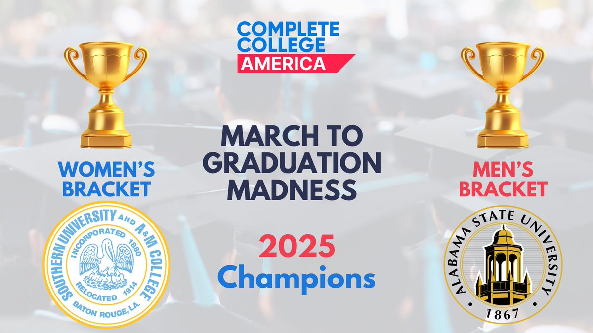 CompleteCollege's tweet photo. It's the 2025 March to Graduation Madness bracket winners! For the second year in a row, HBCUs are at the top of both the men's and women's brackets. Congratulations to @SouthernU_BR and @BamaState1867, the champions of this year's #MarchtoGraduationMadness! https://t.co/tJdwbAhsp5