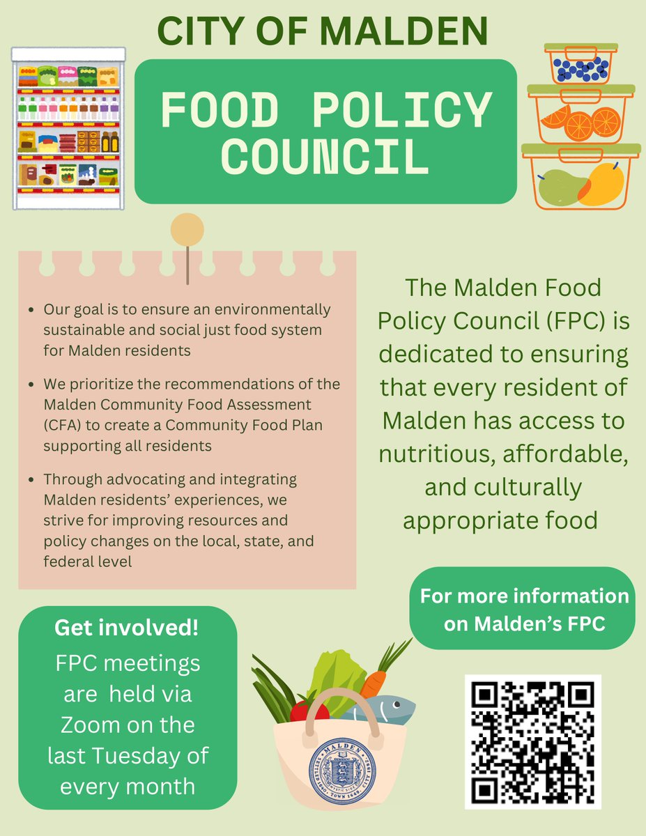 🥕Interested in access to food and community food security? Join the Malden Food Policy Council! The Council meets monthly to discuss and work towards a more just and accessible food system for our community. Learn more today👇🏼