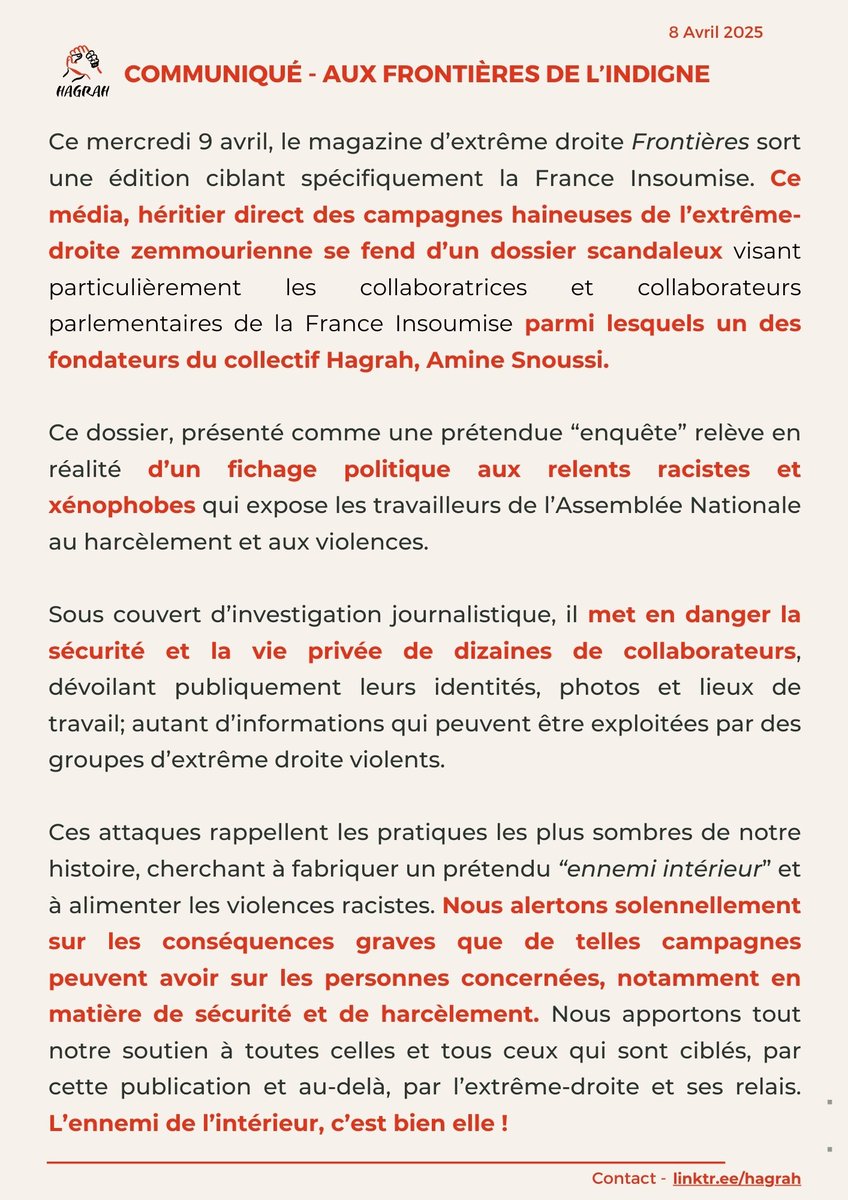 🟠 Nous dénonçons fermement la campagne de harcèlement ciblée de Frontières, sous couvert de journalisme, contre les collaboratrices et collaborateurs parlementaires de la <a href="/FiAssemblee/">La France Insoumise à l'Assemblée nationale</a>, dont notre co-fondateur <a href="/amin_snoussi/">Amine Snoussi</a>.

Communiqué ⤵️