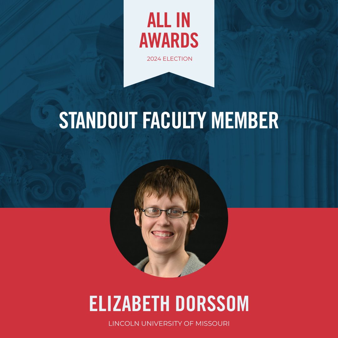 EDorssom's tweet photo. 📷I am honored to receive the Standout Faculty Member award from @allintovote for my hard work in increasing nonpartisan civic engagement at @LUBlueTigers! Thank you to the #AllInToVote team and to my campus. #AllInAwards https://t.co/pmVFx8g7FE