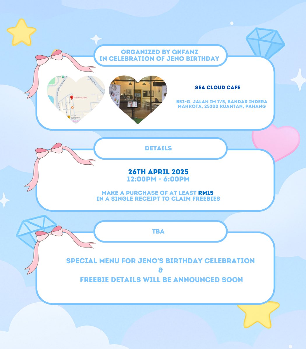 QKfanz's tweet photo. 𝙅𝙀𝙉𝙊𝙐𝙎𝙇𝙔 𝙔𝙊𝙐𝙍𝙎
Lee Jeno Birthday Event in Kuantan by
@qkfanz 🧸₍ᐢ •͈ ༝ •͈ ᐢ₎♡

— happening on :
☁️ 26th April 2025 (Saturday)
☁️ 12PM – 6PM
☁️ Sea Cloud Cafe, Kuantan

— Spend RM15 to claim our jeno freebies!

#HAPPYJENODAY https://t.co/GKzZOsTGpx