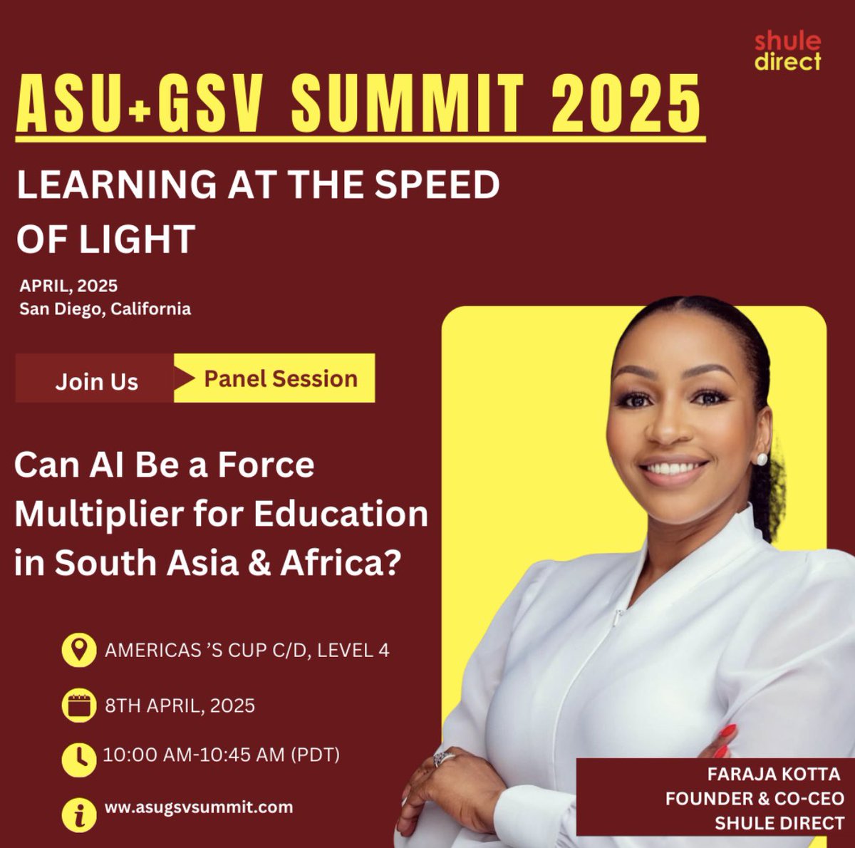 Our Founder &amp; Co-CEO, <a href="/FarajaNyalandu/">Faraja Kotta</a>, is currently representing Shule Direct at the <a href="/asugsvsummit/">ASU+GSV</a>!

Today, she joins a distinguished panel hosted by the <a href="/gatesfoundation/">Gates Foundation</a> to share insights on how AI can bridge learning gaps and transform education in and beyond Africa. #ASUGSVS